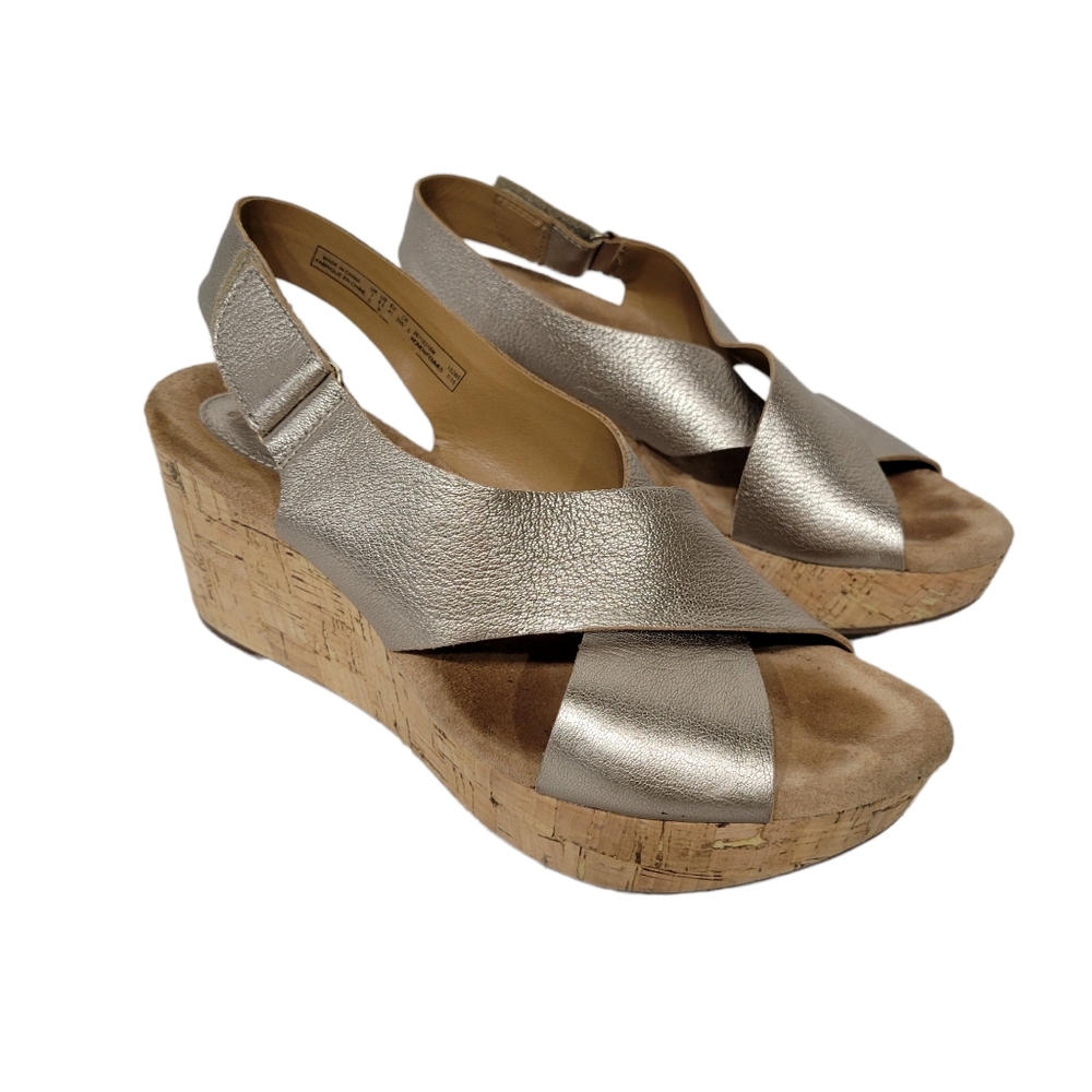 Clarks Metallic Silver Cork Wedge Sandals